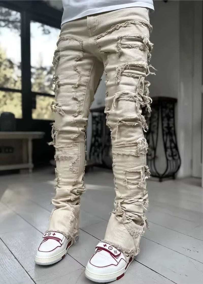 High Street White Men'S Stacked Jeans Stretched Patchwork Tassel Damaged Denim Full Length Pants Hip-Pop Trousers for Male