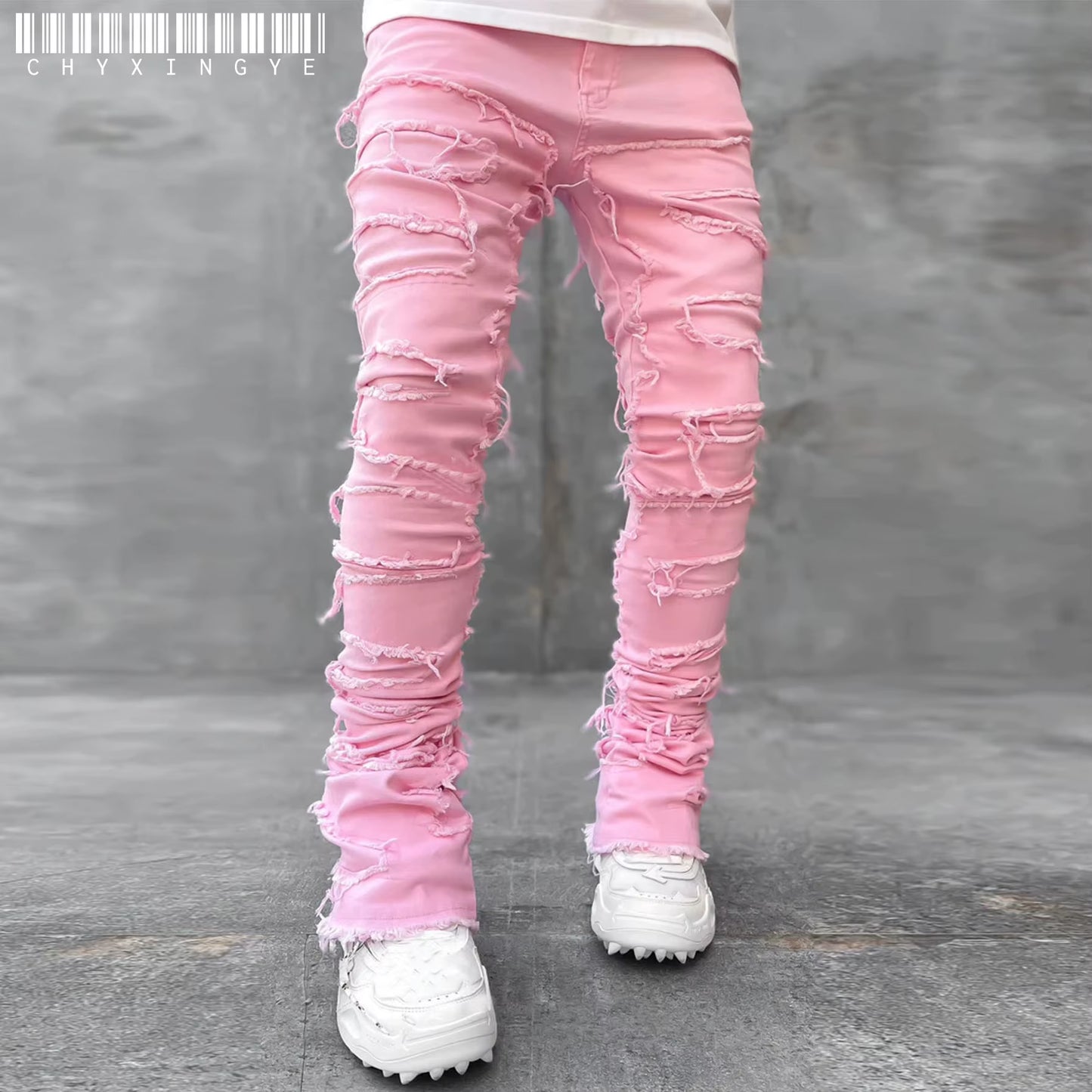 Men'S Regular Fit Stacked Jeans Ripped Slim Fit Patch Distressed Destroyed Straight Denim Pants Hip Hop Streetwear Trouser Cloth