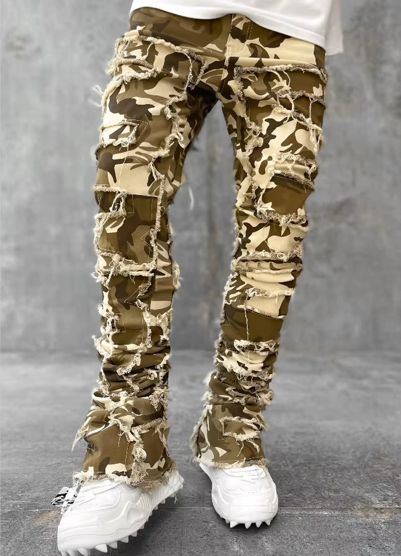 Men'S Regular Fit Stacked Jeans Ripped Slim Fit Patch Distressed Destroyed Straight Denim Pants Hip Hop Streetwear Trouser Cloth