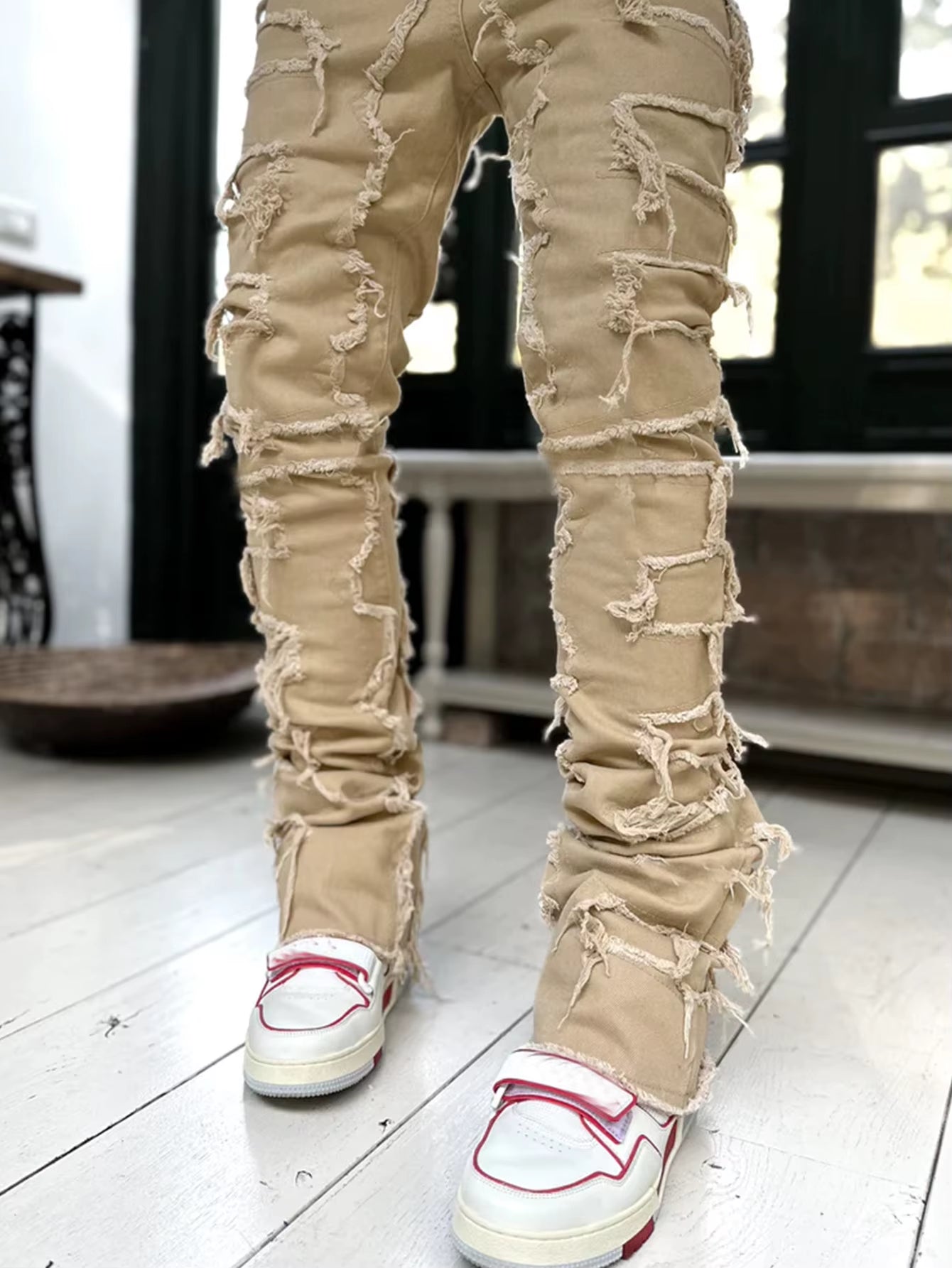 Men'S Regular Fit Stacked Jeans Ripped Slim Fit Patch Distressed Destroyed Straight Denim Pants Hip Hop Streetwear Trouser Cloth