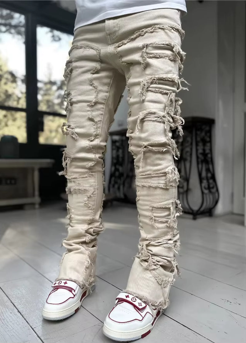 Men'S Regular Fit Stacked Jeans Ripped Slim Fit Patch Distressed Destroyed Straight Denim Pants Hip Hop Streetwear Trouser Cloth