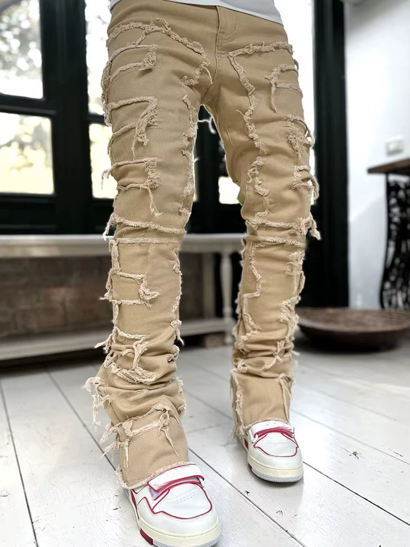 High Street White Men'S Stacked Jeans Stretched Patchwork Tassel Damaged Denim Full Length Pants Hip-Pop Trousers for Male
