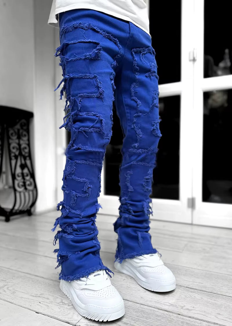 Men'S Regular Fit Stacked Jeans Ripped Slim Fit Patch Distressed Destroyed Straight Denim Pants Hip Hop Streetwear Trouser Cloth