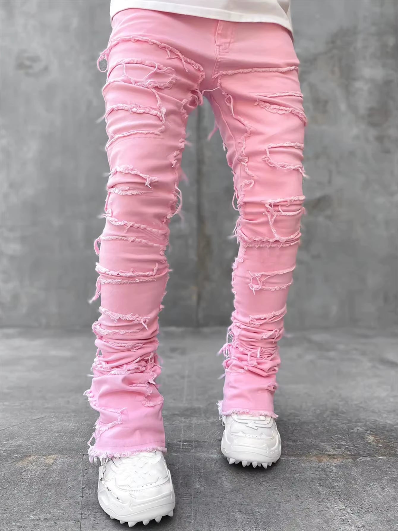 Men'S Regular Fit Stacked Jeans Ripped Slim Fit Patch Distressed Destroyed Straight Denim Pants Hip Hop Streetwear Trouser Cloth
