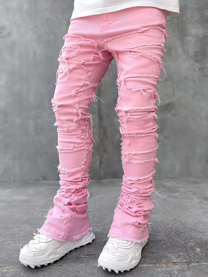 High Street White Men'S Stacked Jeans Stretched Patchwork Tassel Damaged Denim Full Length Pants Hip-Pop Trousers for Male