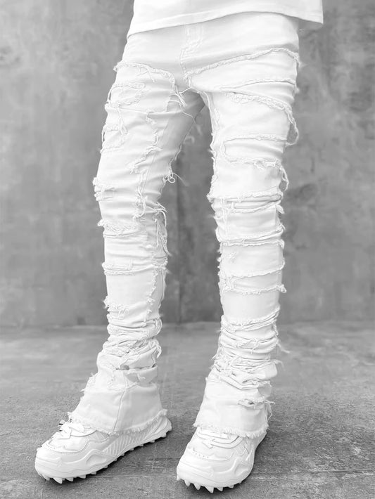 High Street White Men'S Stacked Jeans Stretched Patchwork Tassel Damaged Denim Full Length Pants Hip-Pop Trousers for Male
