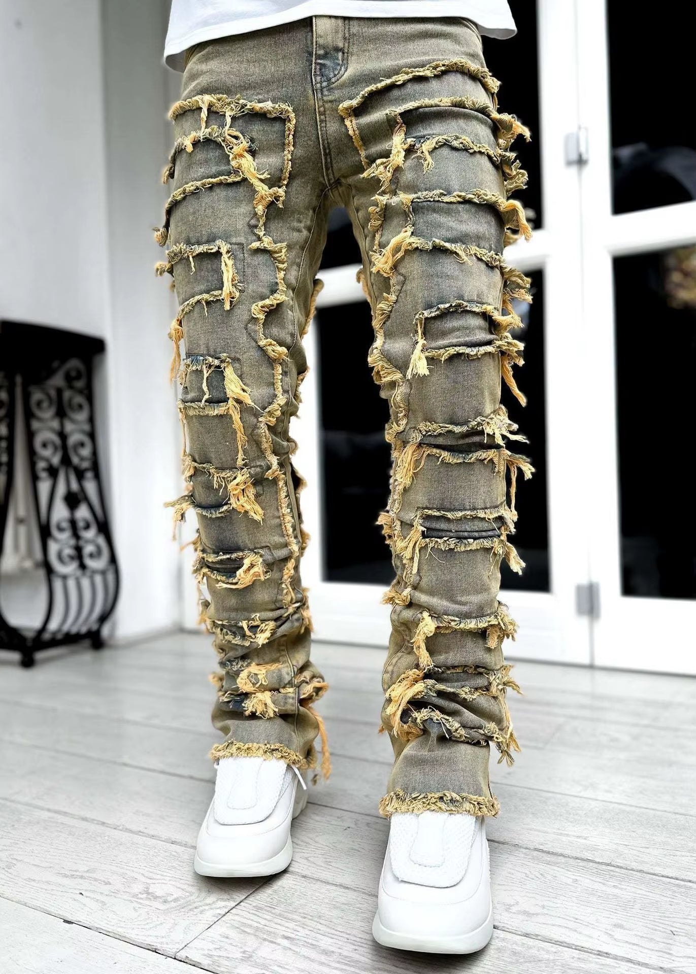 High Street White Men'S Stacked Jeans Stretched Patchwork Tassel Damaged Denim Full Length Pants Hip-Pop Trousers for Male
