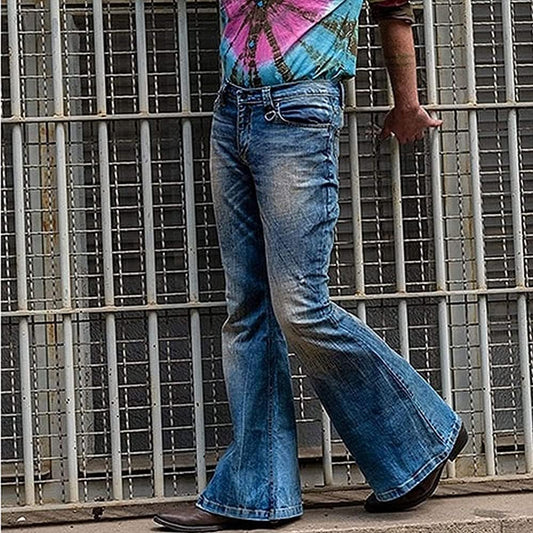 Men'S Vintage Flared Leg Denim Jeans Classic Patchwork Bell Bottom Denim Pants