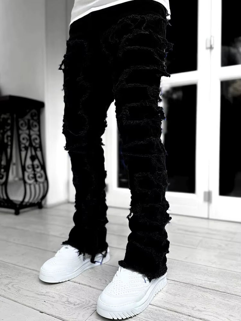 High Street White Men'S Stacked Jeans Stretched Patchwork Tassel Damaged Denim Full Length Pants Hip-Pop Trousers for Male