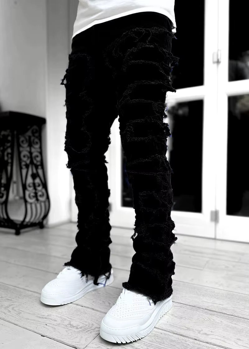 Men'S Regular Fit Stacked Jeans Ripped Slim Fit Patch Distressed Destroyed Straight Denim Pants Hip Hop Streetwear Trouser Cloth