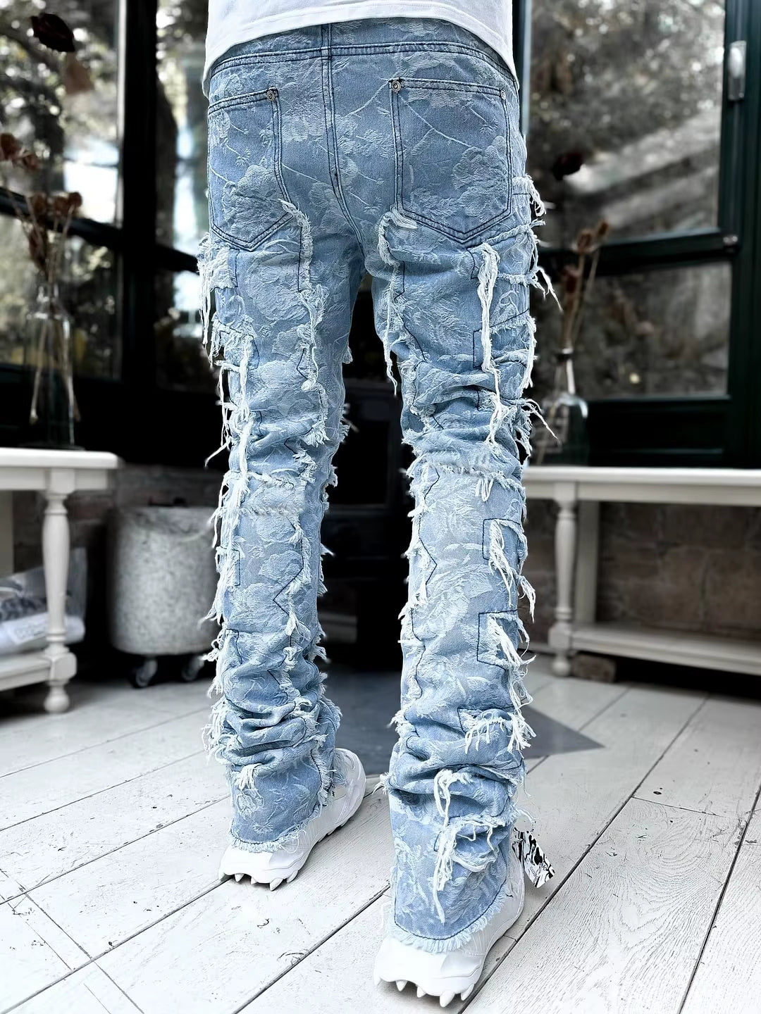 High Street White Men'S Stacked Jeans Stretched Patchwork Tassel Damaged Denim Full Length Pants Hip-Pop Trousers for Male