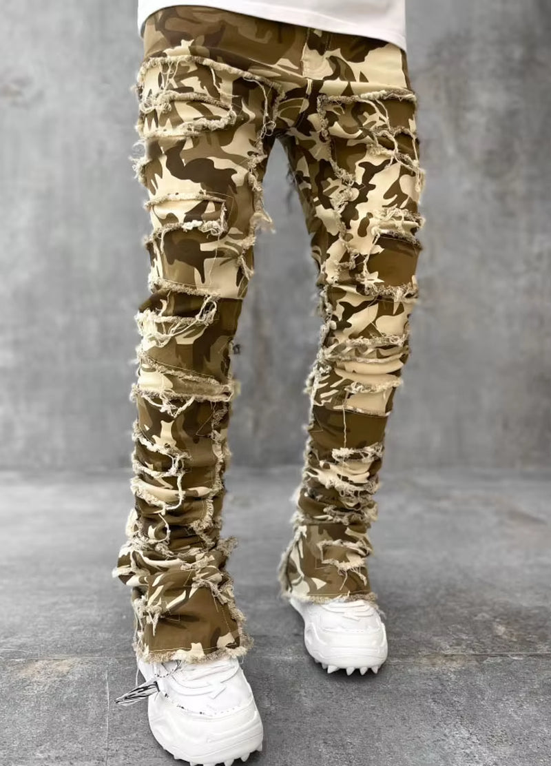 High Street White Men'S Stacked Jeans Stretched Patchwork Tassel Damaged Denim Full Length Pants Hip-Pop Trousers for Male