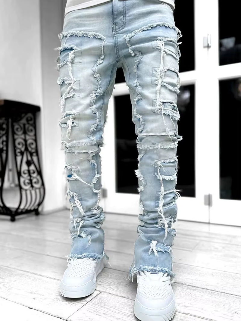 High Street White Men'S Stacked Jeans Stretched Patchwork Tassel Damaged Denim Full Length Pants Hip-Pop Trousers for Male