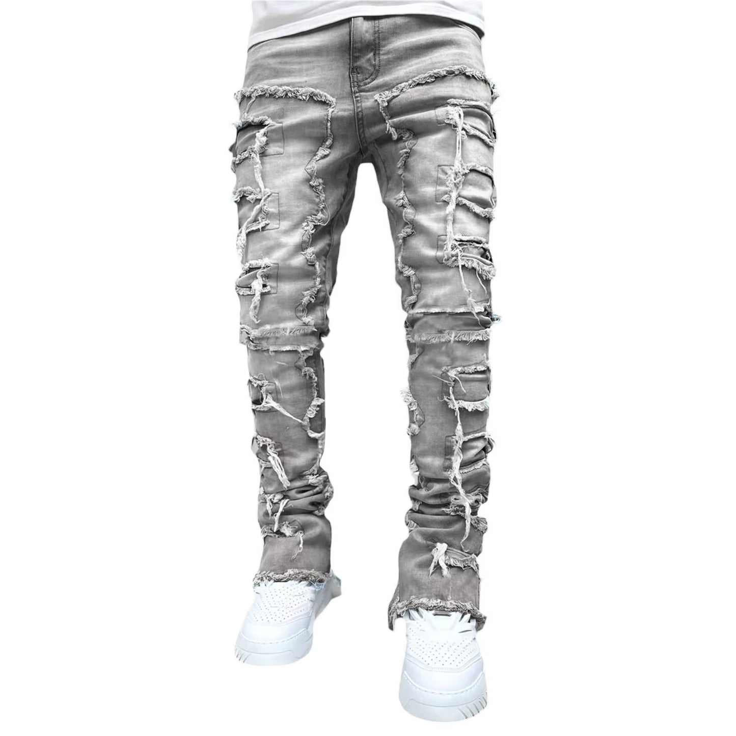 High Street White Men'S Stacked Jeans Stretched Patchwork Tassel Damaged Denim Full Length Pants Hip-Pop Trousers for Male