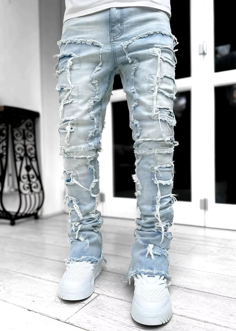 Men'S Regular Fit Stacked Jeans Ripped Slim Fit Patch Distressed Destroyed Straight Denim Pants Hip Hop Streetwear Trouser Cloth