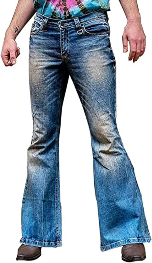 Men'S Vintage Flared Leg Denim Jeans Classic Patchwork Bell Bottom Denim Pants