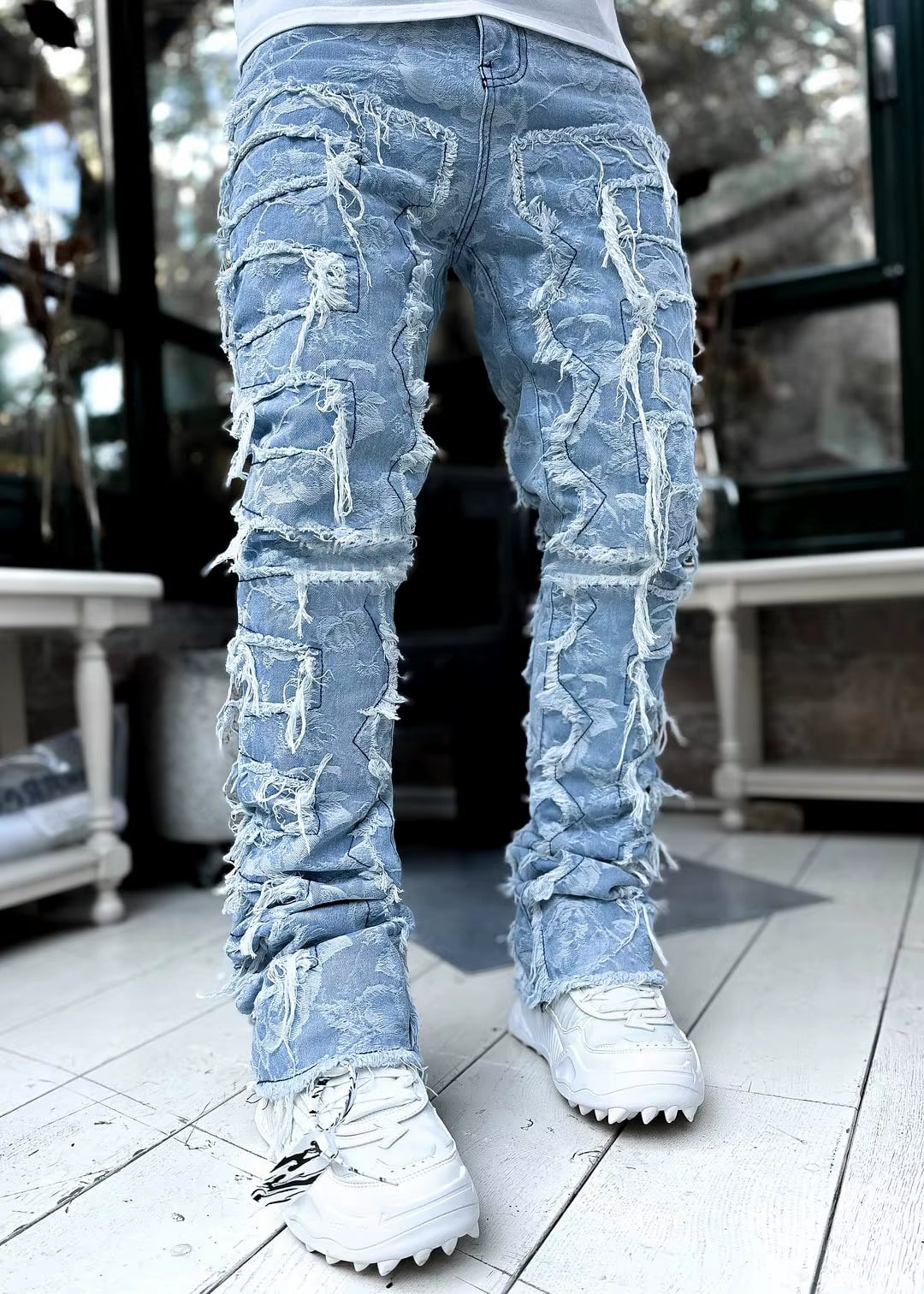 High Street White Men'S Stacked Jeans Stretched Patchwork Tassel Damaged Denim Full Length Pants Hip-Pop Trousers for Male