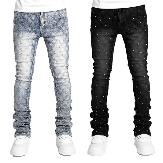 European Personality Stacked Jeans for Men Slim Fit Stretchy Pearls Man'S New Designer Jeans