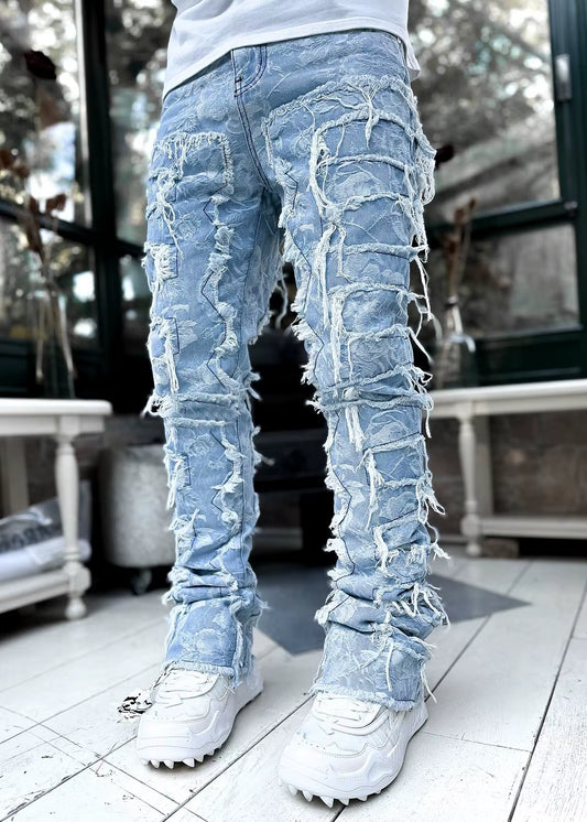 Men'S Regular Fit Stacked Jeans Ripped Slim Fit Patch Distressed Destroyed Straight Denim Pants Hip Hop Streetwear Trouser Cloth