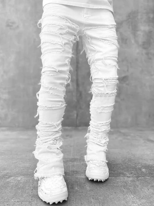 High Street White Men'S Stacked Jeans Stretched Patchwork Tassel Damaged Denim Full Length Pants Hip-Pop Trousers for Male