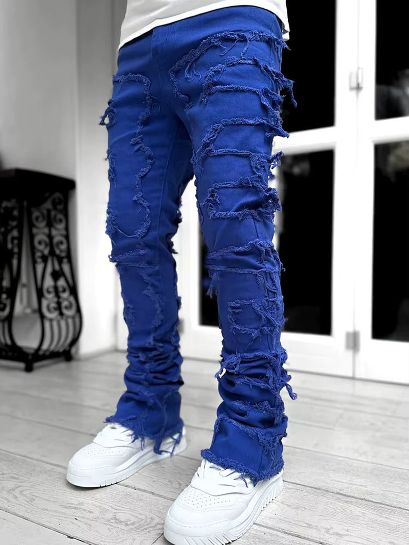 High Street White Men'S Stacked Jeans Stretched Patchwork Tassel Damaged Denim Full Length Pants Hip-Pop Trousers for Male